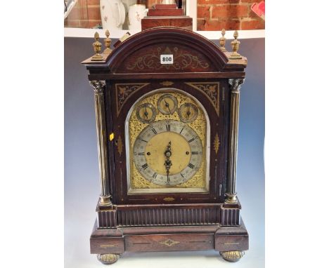 A 19th C. BRASS INLAID ROSEWOOD BRACKET CLOCK, THE MOVEMENT STRIKING ON A COILED ROD AND CHIMING ON EIGHT BELLS, STRIKE/SILEN