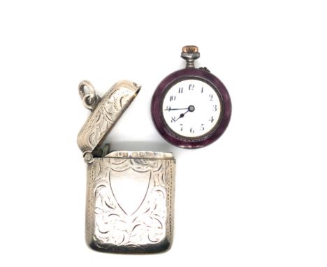 AN ANTIQUE MINIATURE LADIES CONTINENTAL SILVER AND GUILLOCHE ENAMEL FOB WATCH, TOGETHER WITH A HALLMARKED SILVER VESTA CASE, 