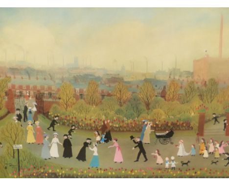 BY AND AFTER HELEN BRADLEY 1900-79), FIGURES IN THE PARK OF AN INDUSTRIAL CITY, A PENCIL SIGNED PHOTOGRAPHIC PRINT.   47.5 x 