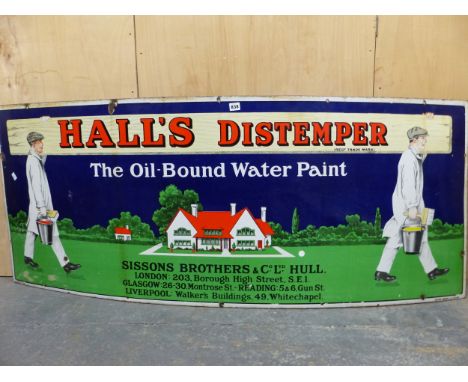 A LARGE VINTAGE ENAMEL SIGN FOR SISSONS BROTHERS PAINTS, HALLS DISTEMPER OIL BOUND WATER PAINT FEATURING DECORATORS IN WHITE 