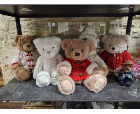 FIVE HARRODS CHRISTMAS BEARS: SEBASTIAN FOR 2013, BENEDICT FOR 2015, HUGH FOR 2016, OLIVER FOR 2018 AND JOSHUA FOR 2019 TOGET