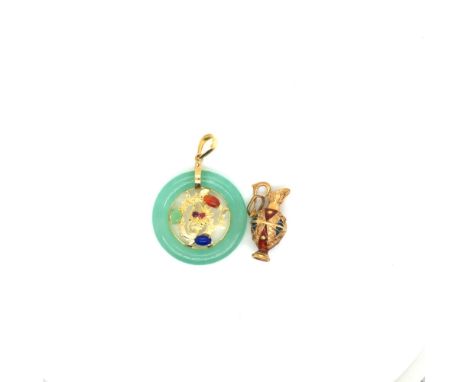 A JADE AND MULTI GEMSET DISC AND DRAGON PENDANT,TOGETHER WITH AN ENAMELLED URN CHARM PENDANT. BOTH  UNHALLMARKED, ASSESSED AS