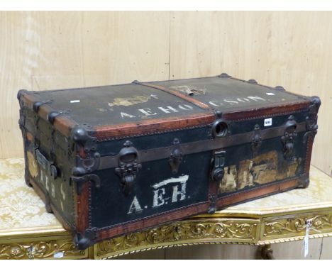 A LEATHER CORNERED BLUE CANVAS COVERED TRUNK.   W 88 x D 53 x H 33cms.