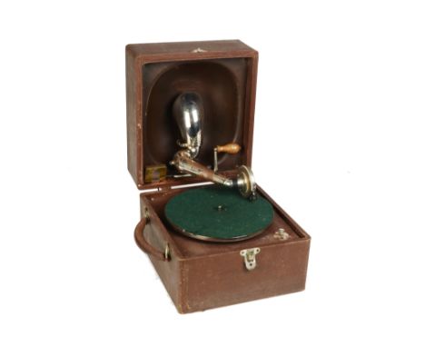 Portable gramophone: A Decca junior, in brown case with Crescendo Junior soundbox,  November 1923; and approximately seventy 
