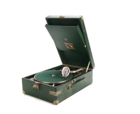 Portable gramophone: an HMV Model 101, No. 1010003789, with hand brake and No 4 soundbox, in green case 