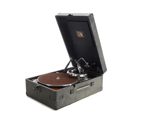 Portable gramophone: an HMV Model 102 with No 16 soundbox and wood motor board, No.102066168, in black case (carrying handle 