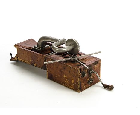 Portable gramophone: a Peter Pan box-camera form gramophone, Improved model with bellows horn in lid, in cowhide case (exteri