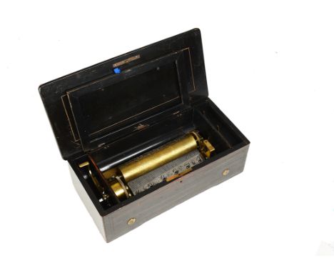Cylinder musical box:  by Bremond, No. 16882, playing six ballads, in case with inlaid lid – 16 in wide, the cylinder 8 in. (