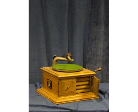 Hornless gramophone: an HMV Model 1 hornless, with HMV Exhibition soundbox and repolished light oak case, 14.4.20, with later