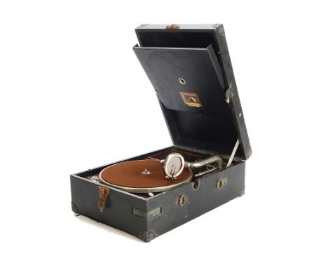 Portable gramophone: an HMV Model 101b, with No. 4 soundbox and Keith Prowse label (no carrying handle, leathercloth worn at 