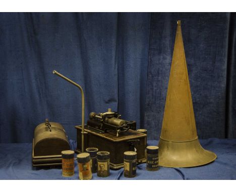 Phonograph: an Edison Home phonograph, Model B No. H218739, with Combination pulley, Diamond B reproducer and 31-inch brass a