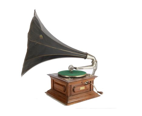 Horn gramophone: an HMV Model IV (Junior Monarch), with Exhibition soundbox, oak case and (later) black Morning Glory horn, s