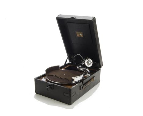 Portable gramophone: An HMV Model 102 with 5b soundbox, record tray and black case, 1939 (carrying handle unstitched) 