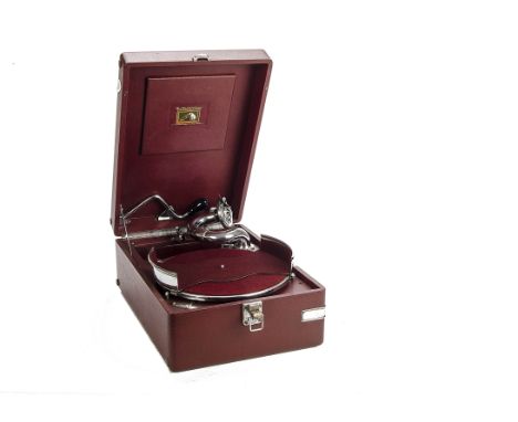 Portable gramophone: an HMV Model 102, No. 102127952, with 5a soundbox and record tray, in red case 