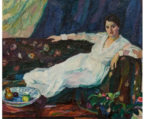 GOOSSENS, JOSSE1876 Aachen - 1929 RegensburgTitel: Ruhende Frau. Datierung: um 1920. Technik: Öl auf Leinwand (2 Stück aneina