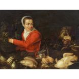 Frans Snyders: Küchenstillleben mit einer Frau in rotem Oberteil