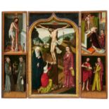Kastilische Schule: Triptychon. Auf der zentralen Tafel der gekreuzigte Christus