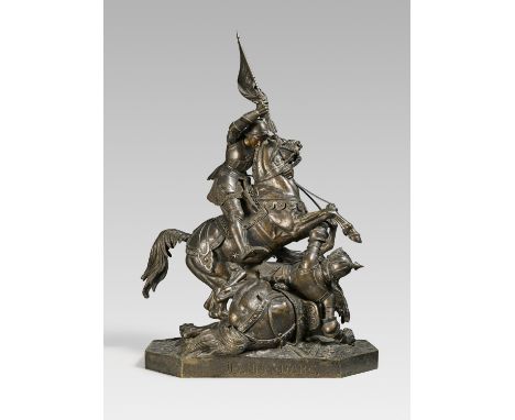 GECHTER, THÉODOREParis 1796 - 1844Titel: Jeanne d'Arc besiegt einen englischen Ritter. Technik: Bronze. Maße: 68x52x33cm. Bez