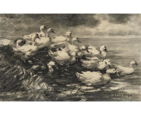 KOESTER, ALEXANDER MAX1864 Bergneustadt - 1932 MünchenTitel: Enten am Ufer. Technik: Kohle auf Papier. Montierung: Montiert i
