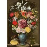 Georg Flegel: Prunkvolles Blumen-Stillleben mit Distelfink und Heuschrecke