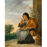 David Teniers der Jüngere: Alte Dame, den Rosenduft genießend, neben ihr ein Hund