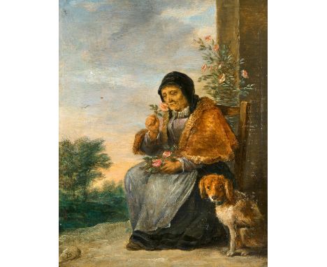 TENIERS, DAVID DER JÜNGERE1610 Antwerpen - 1690 BrüsselTitel: Alte Dame, den Rosenduft genießend, neben ihr ein Hund. Technik