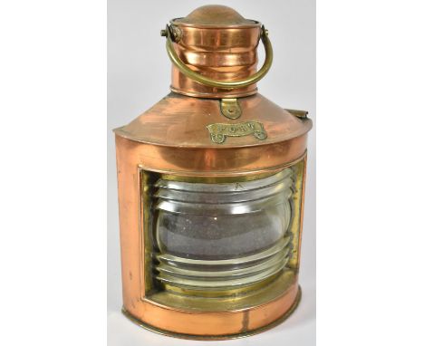 A Reproduction Copper and Brass Novelty Table Lamp in the Form of Ships Port Lantern, Wired for Electricity, 33cm high 