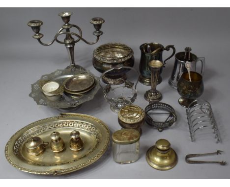 A Collection of Various Silver Plated Items to comprise Three Branch Candelabra (With Loss) Various Tankards, Toast Rack, Cru