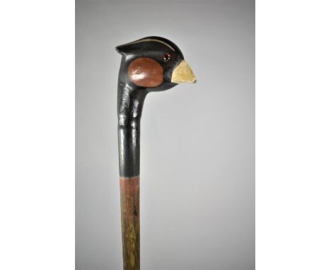 A Novelty Carved Wooden Walking Stick with Painted Pheasant Head Handle, 90cm long 
