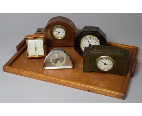 A Mid 20th Century Wooden Two Handled Tray Containing Various Vintage Clocks 