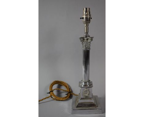 A Mid 20th Century Chromed Table Lamp Base In the Form of a Reeded Corinthian Column on Stepped Plinth Base, 38.5cm high 