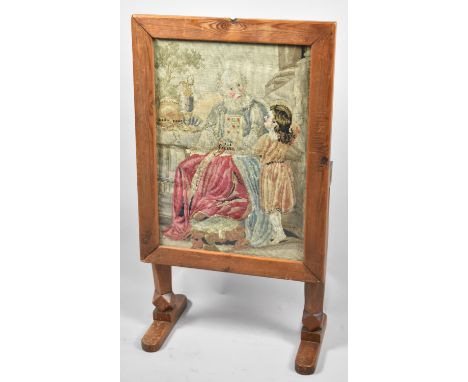 A Hinged Table Screen Containing 19th Century Tapestry Depicting Child with Old Man, 82cm high 