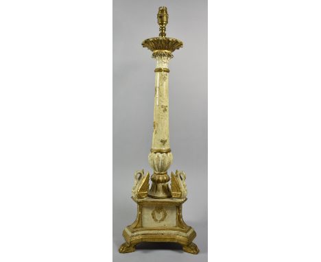 A Italian Carved Wooden Gilt Decorated and Painted Table Lamp Base, with Tripod Stand Having Claw Feet and Swan Mounts, 68cm 