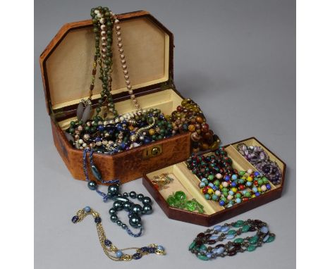 An Antique Jewellery Box Containing Vintage Glass Bead Necklaces Plus Modern Plastic Examples 