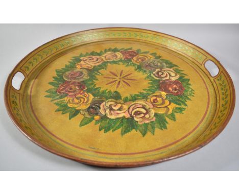 A Vintage Painted Toleware Tray Decorated with Roses, 42cm Diameter 