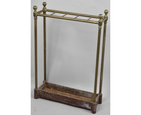 A Late Victorian Brass Five Division Stick Stand with Cast Iron Rectangular Drip Tray, 61cm HIgh 
