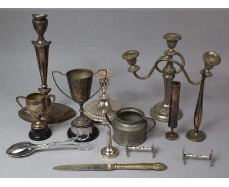 A Collection of Various Metalwares to Comprise Three Branch Candelabra, Sheffield Plated Candlestick, Viner Candle Holder, Ca