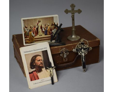 A Vintage Compressed Fibre Case Containing Religious Items and Cards 