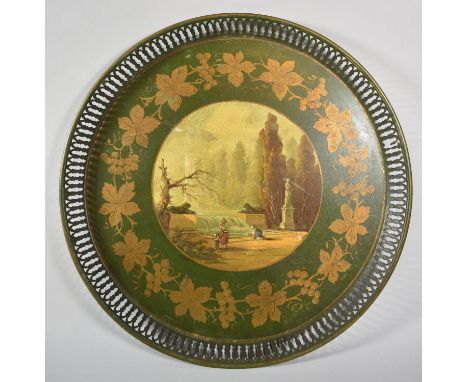 A Vintage Circular Toleware Tray with Pierced Gallery, Vine and Grape Decoration to Border and Central Hand Painted Decoratio
