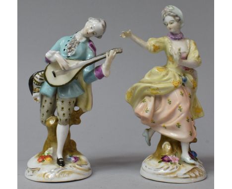 A Pair of Continental Porcelain Figures Depicting Gentleman Playing Mandolin and Girl Dancing, 16cm High 