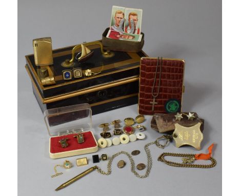 A Vintage Cash Tin Containing Various Gents Cufflinks, Wills Cigarette Cards to Include Association Footballers, Keyring, Gir