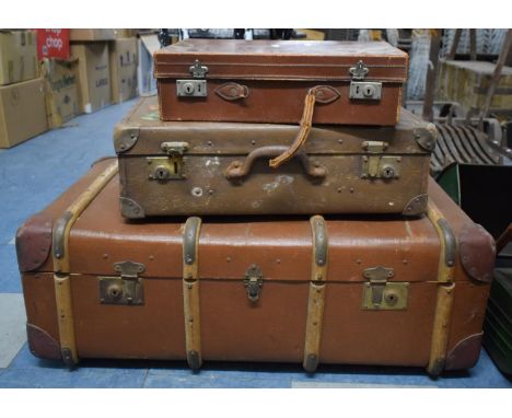 A Canvas and Wooden Banded Travelling Trunk Together with Two Vintage Suitcases, 