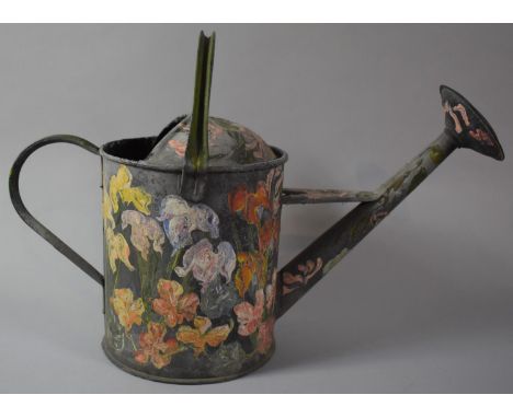 A Vintage Hand Painted Galvanised Watering Can Decorated with Flowers, 32cm high 