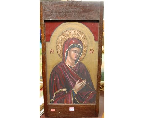 20th century Orthodox Russian or Greek (?) school - Study of the Madonna, oil on panel, as removed from item of furniture, 51