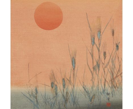 Kogyo Terazaki (Japanese, 1866-1919). Color woodblock print on paper titled "Barley at Sunrise," Depicting a orange sun risin