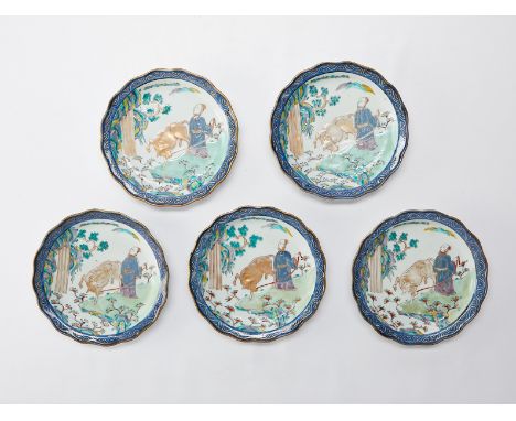 Set of five Japanese Kutani ware porcelain dishes, each depicting a man leading an ox through a landscape. With a pseudo-Chin