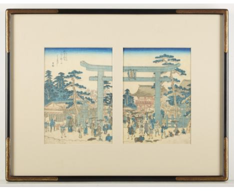 Matsukawa Hanzan (Japanese, 1818-1882). Japanese woodblock print diptych depicting a crowd of people gathered outside of a ga