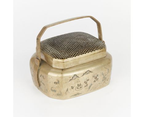 Chinese baitong pierced metal handwarmer, Qing dynasty. Landscape etched along the longer sides of the handwarmer, with anima