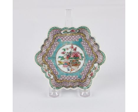 Yongzheng period Chinese export porcelain undertray for a teapot, profusely decorated in famille rose enamels. In a hexagonal