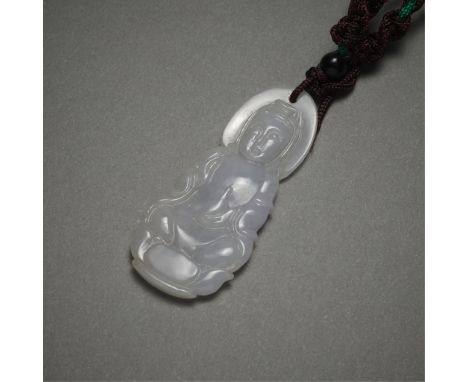 Chinese carved gray-blue jade pendant in the form of a seated Buddha, 20th century. With a brown and green cord.(Without stra